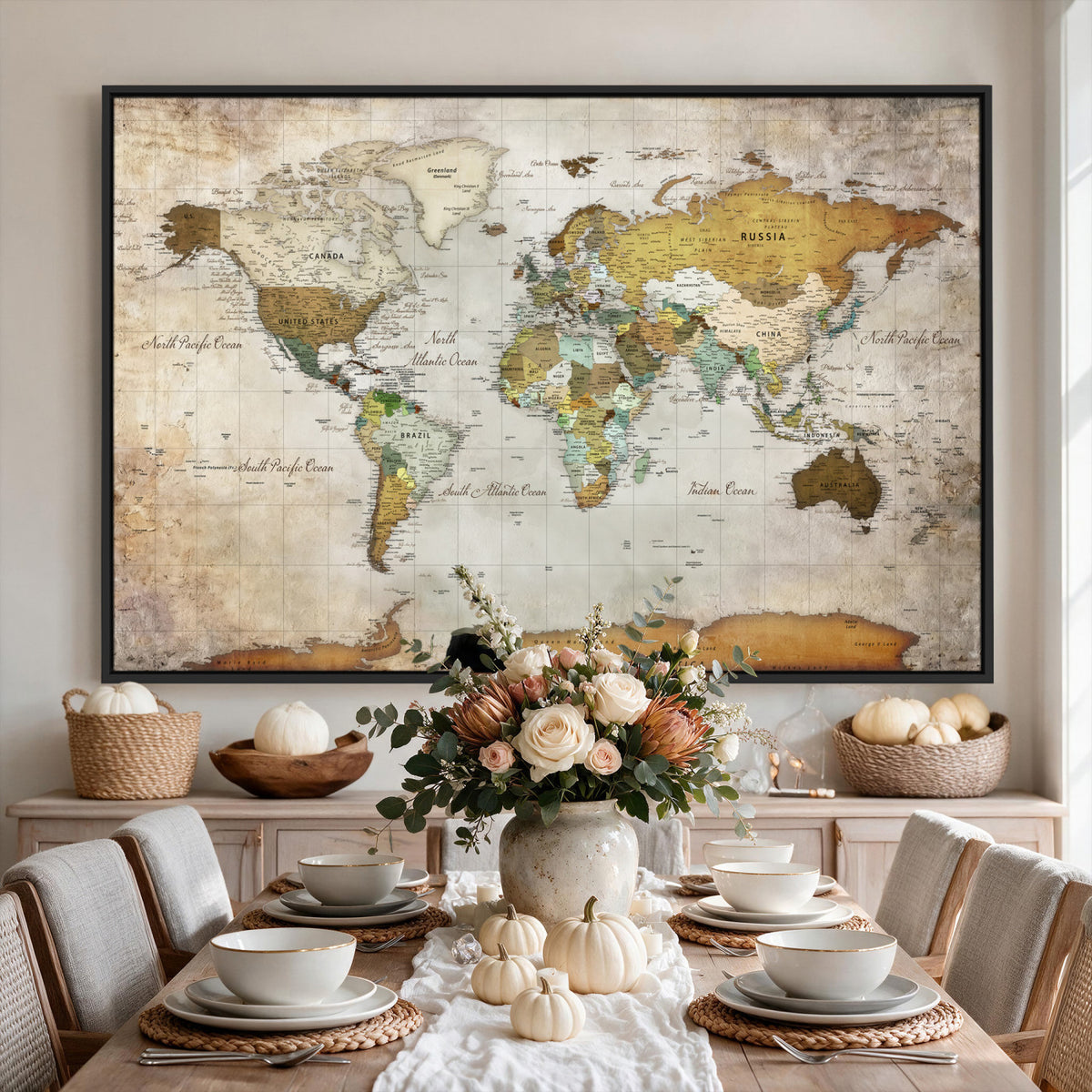 86108417-MGV-CV-36X24 - World Map Wall Art Canvas Print, Modern Decorative Framed Map Artwork Prints for Living Room, Office, Bedroom Wall Decor