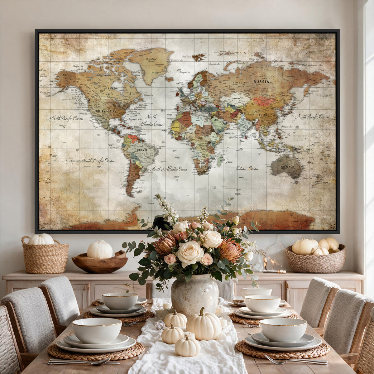 19855445-MGV-CV-36X24 - Custom Framed Modern Push Pin World Map Wall Art, Places Visited Tracker, Home Office and Entryway Decor