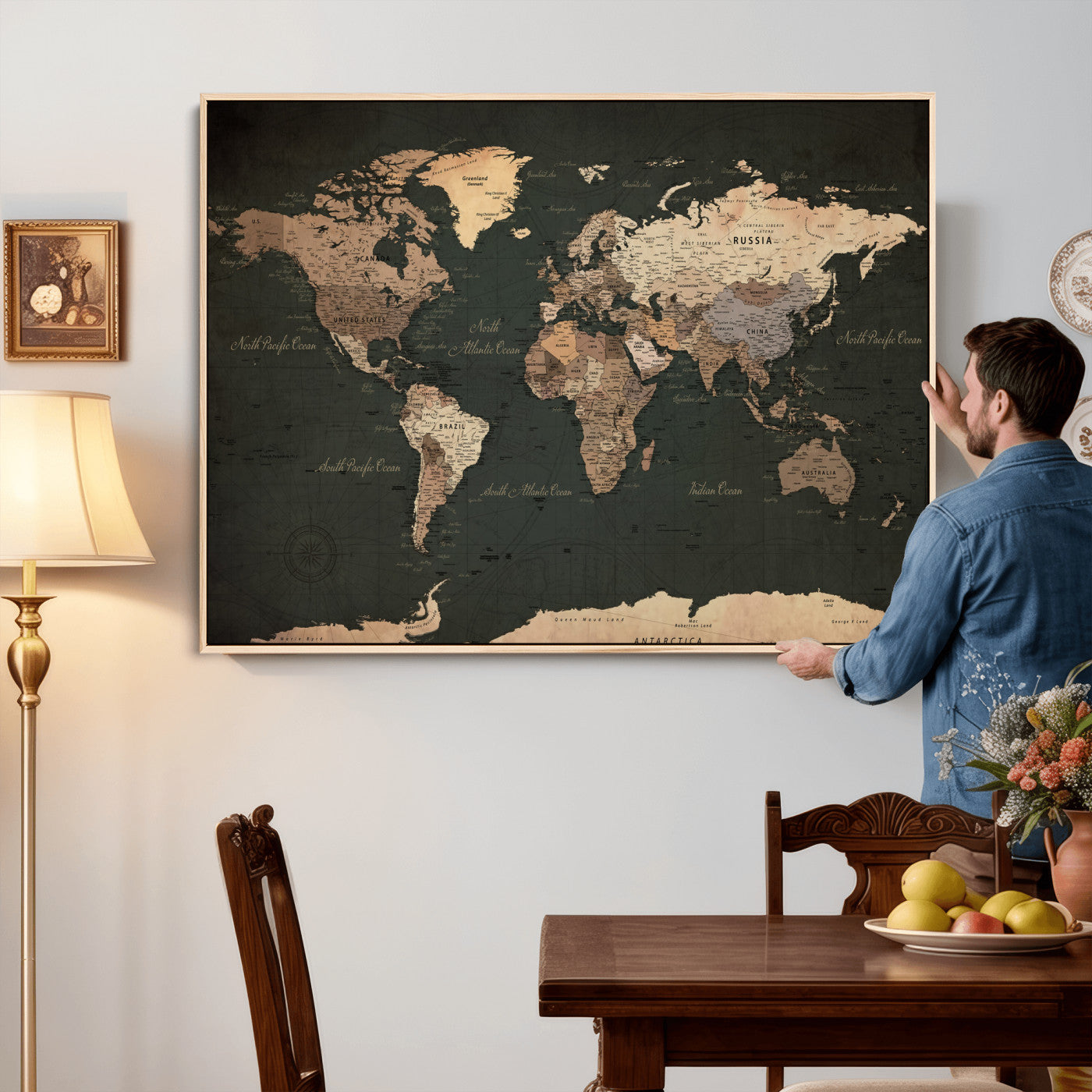 62059333-MGV-CV-36X24 - World Map Wall Art Canvas Print, Modern Decorative Framed Map Artwork Prints for Living Room, Office, Bedroom Wall Decor