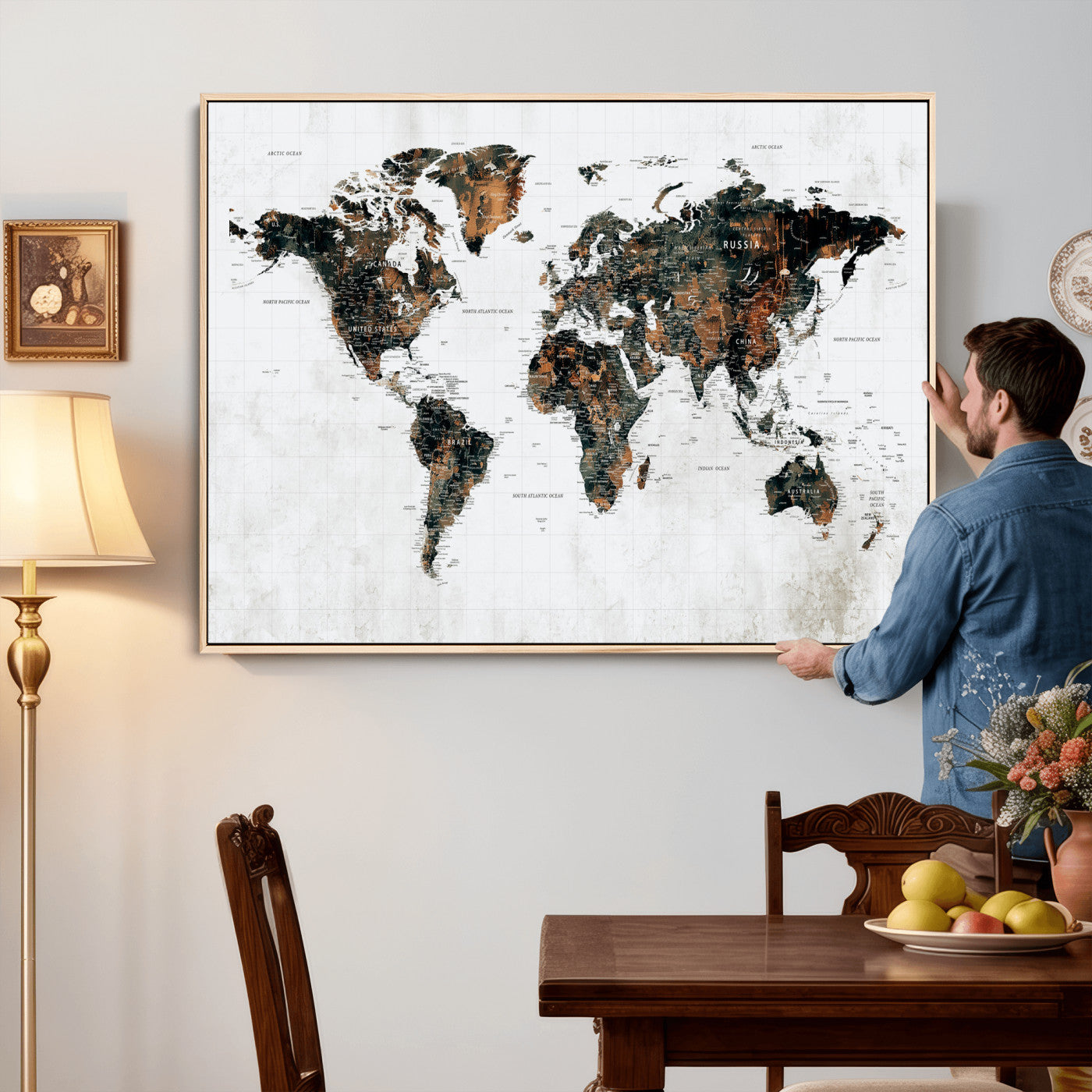 60008766-MGV-CV-36X24 - World Map Wall Art Canvas Print, Modern Decorative Framed Map Artwork Prints for Living Room, Office, Bedroom Wall Decor