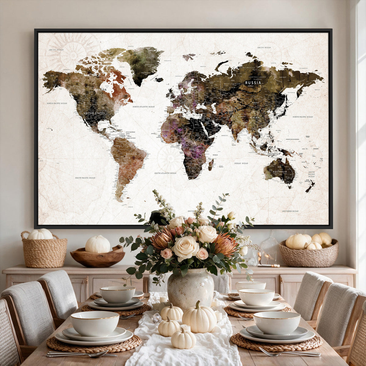 77651968-MGV-CV-36X24 - Watercolor World Map Print - Large Wall Art Canvas Print for