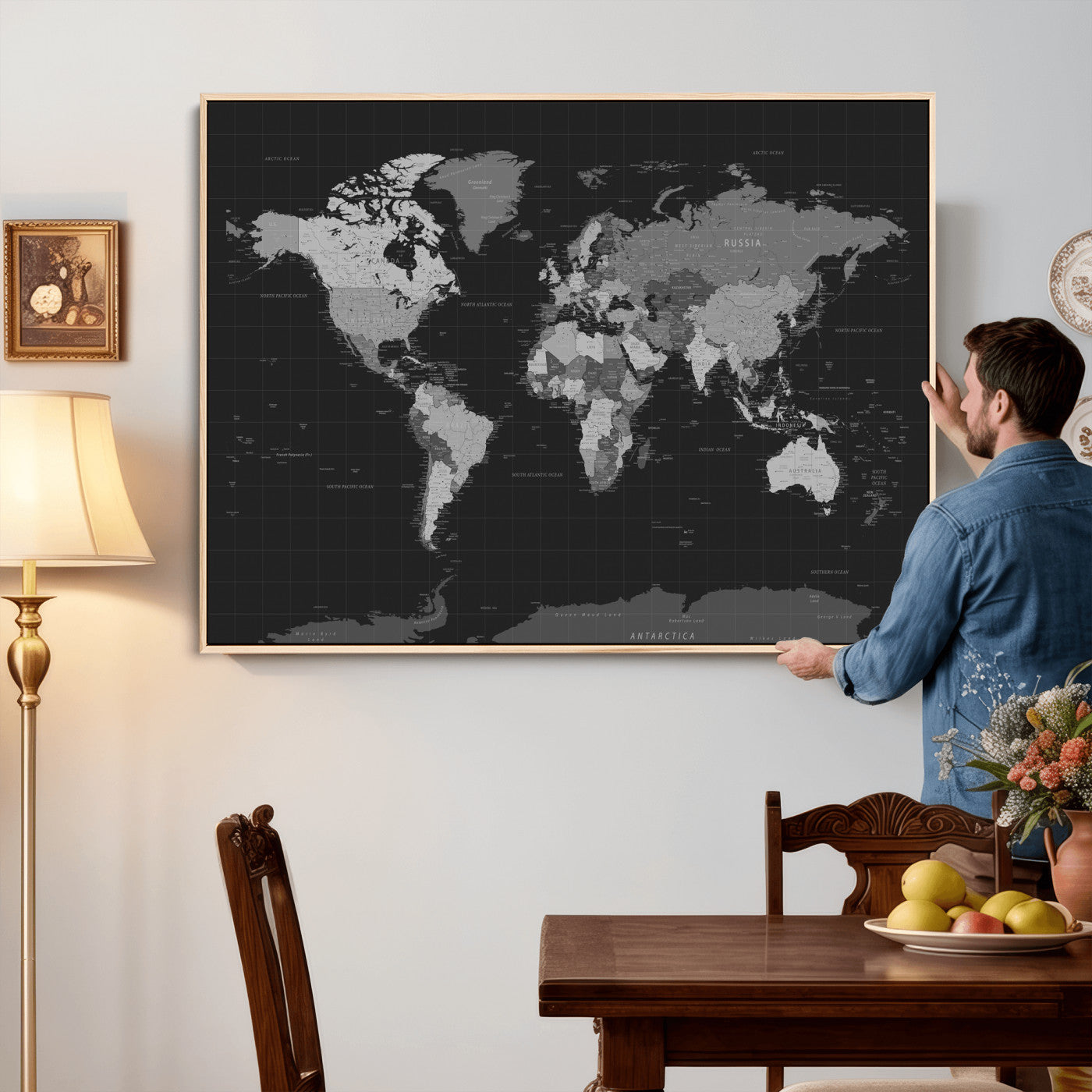 46160121-MGV-CV-36X24 - World Map Wall Art Canvas Print, Modern Decorative Framed Map Artwork Prints for Living Room, Office, Bedroom Wall Decor
