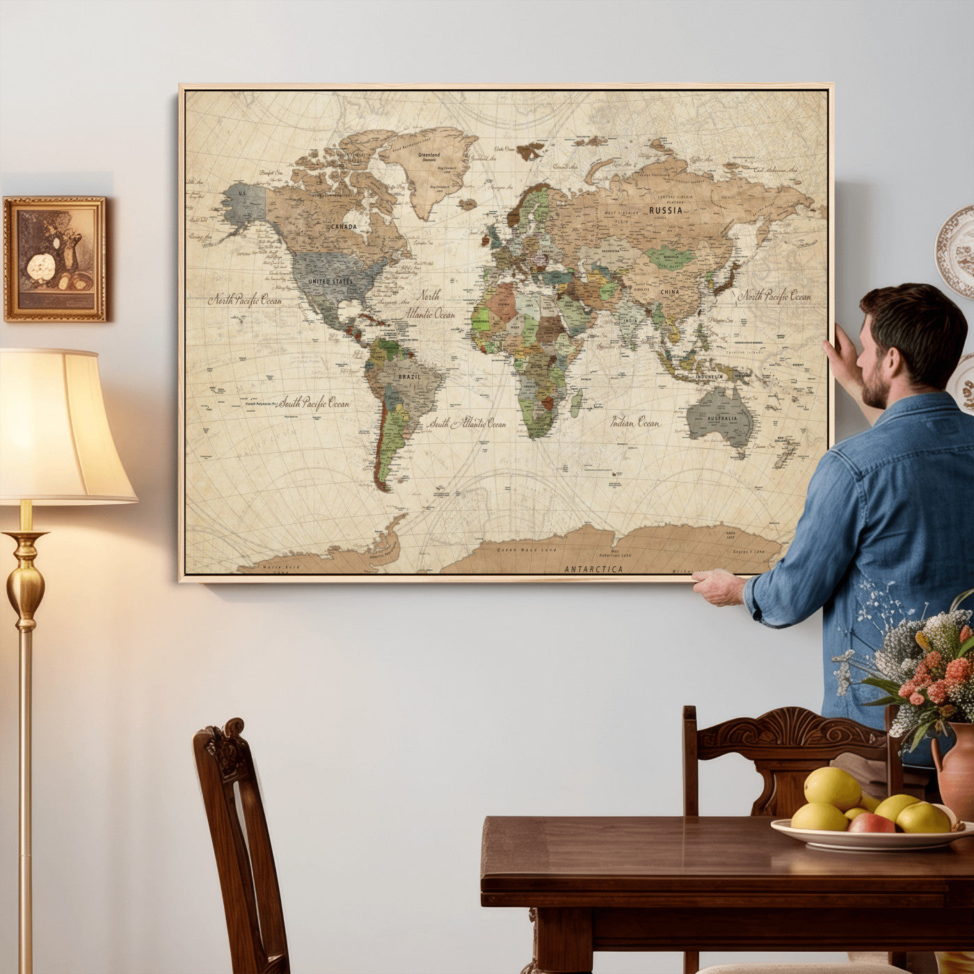 36735609-MGV-CV-36X24 - World Map Wall Art Canvas Print, Modern Decorative Framed Map Artwork Prints for Living Room, Office, Bedroom Wall Decor