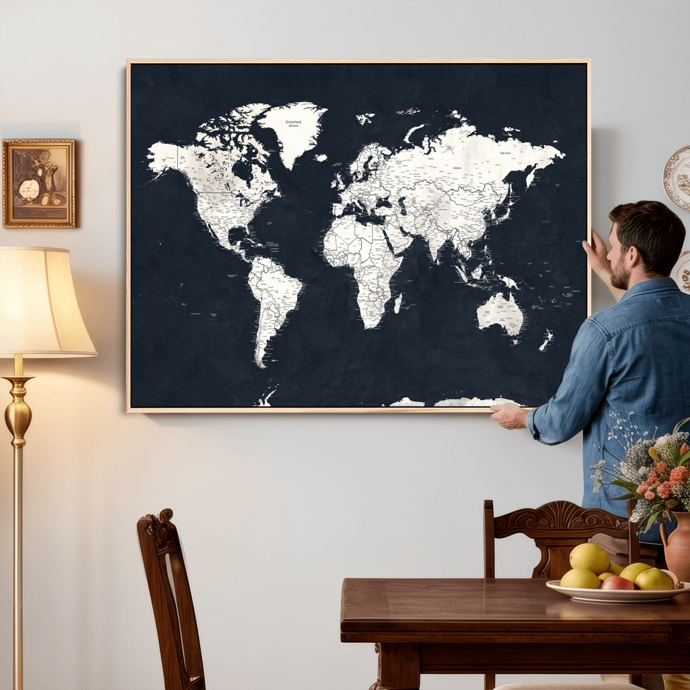 11963807-MGV-CV-36X24 - World Map Wall Art Canvas Print, Modern Decorative Framed Map Artwork Prints for Living Room, Office, Bedroom Wall Decor