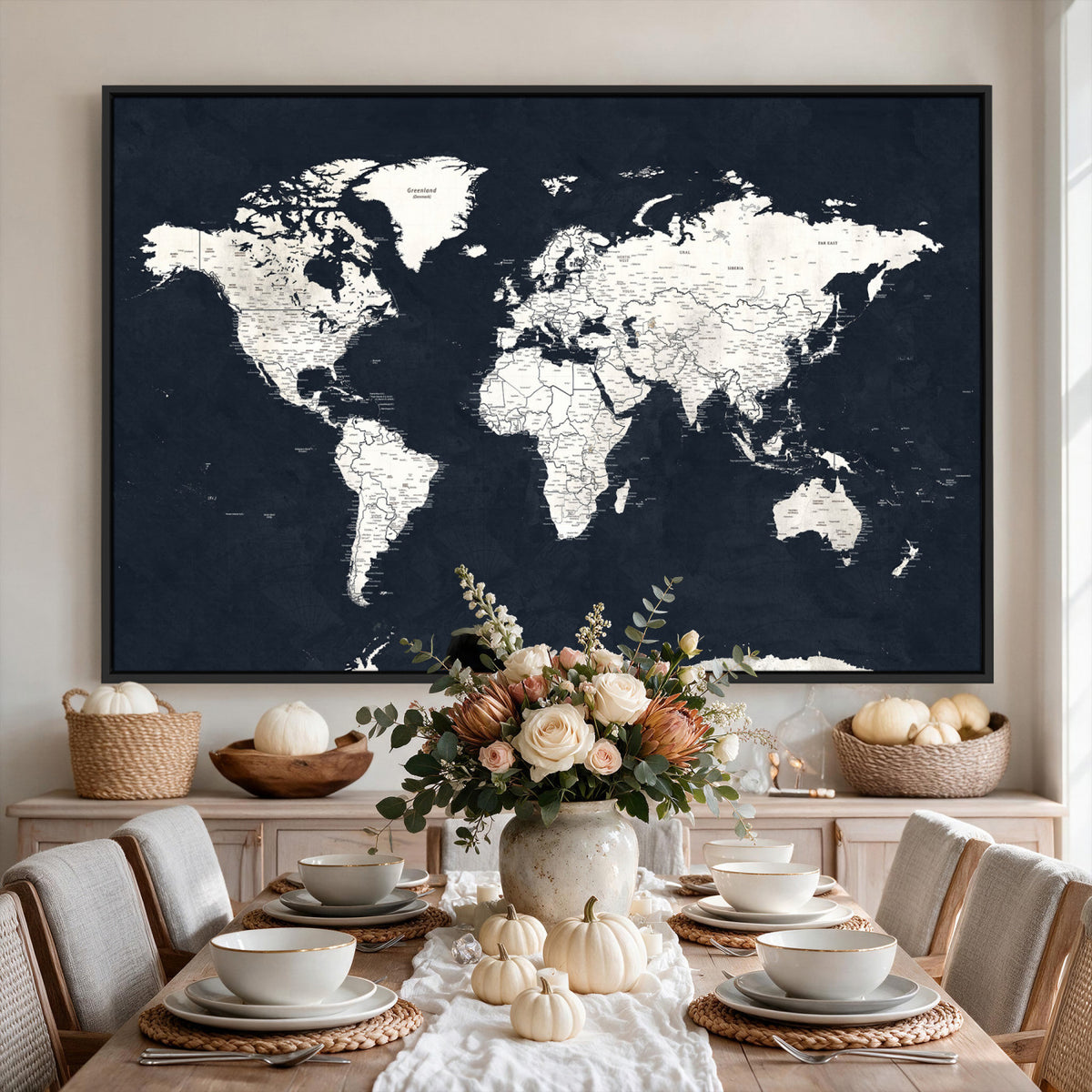 11963807-MGV-CV-36X24 - Black World Map Wall Art Canvas Print for Home Office and Meeting Room Decor