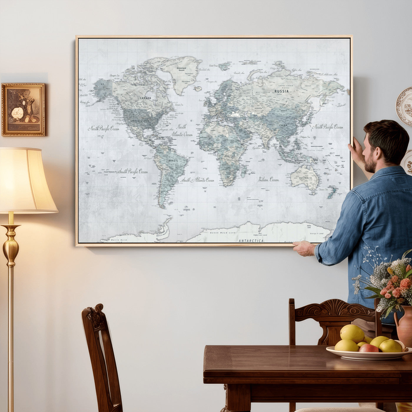 71091917-MGV-CV-36X24 - World Map Wall Art Canvas Print, Modern Decorative Framed Map Artwork Prints for Living Room, Office, Bedroom Wall Decor