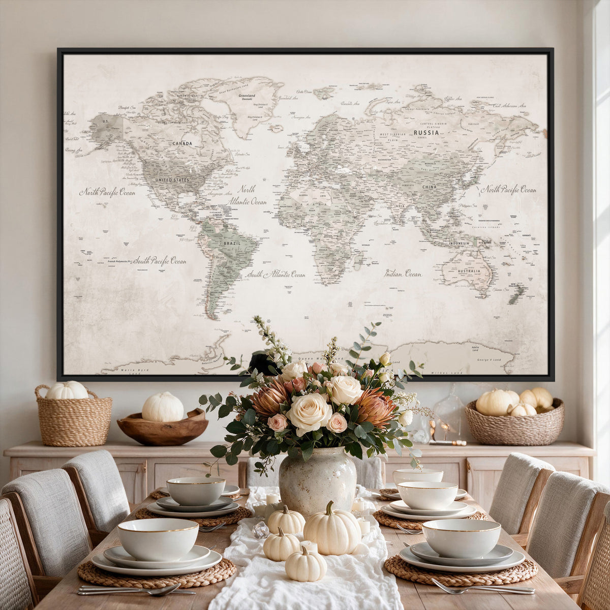 90355419-MGV-CV-36X24 - Antique Style World Map Canvas Print | Vintage Detailed World Map Art for Travel Lovers
