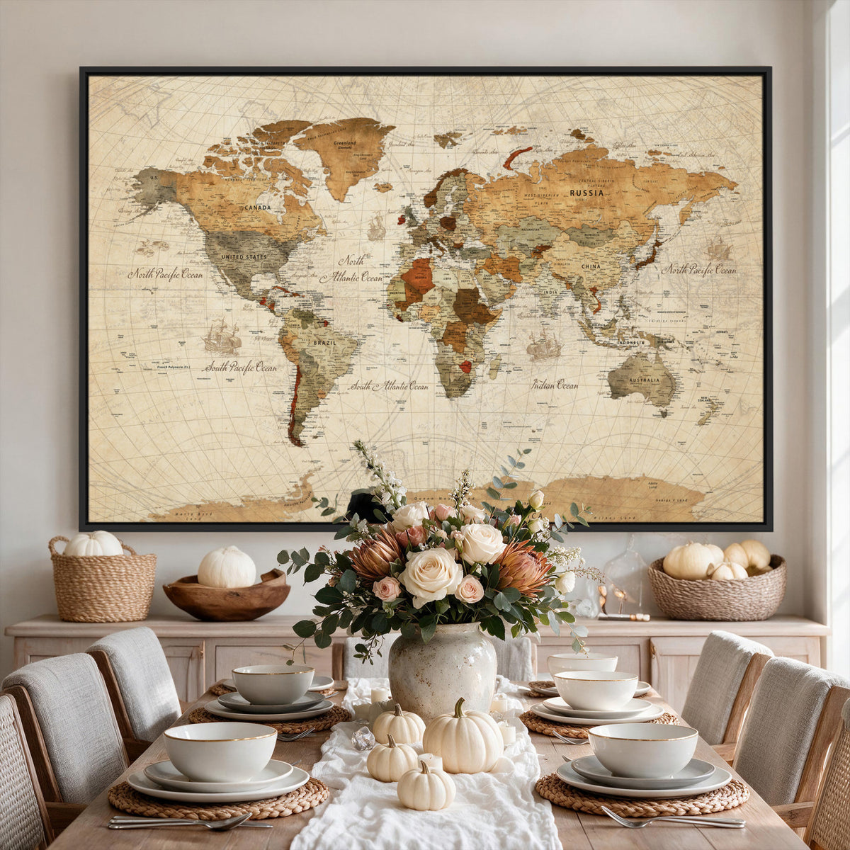 29684537-MGV-CV-36X24 - Vintage World Map Canvas Print, Framed Rustic Detailed Map of the World, Explorer Decor