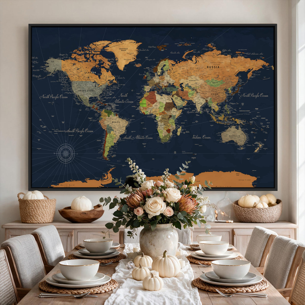 11715182-MGV-CV-36X24 - Modern World Map Canvas Print, Framed Detailed Map of the World Wall Art