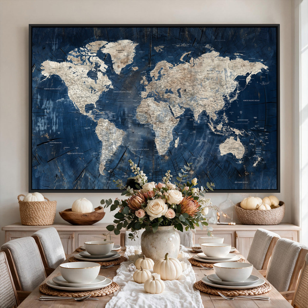 56126010-MGV-CV-36X24 - Large Blue World Map Wall Art Canvas Print for Home Office