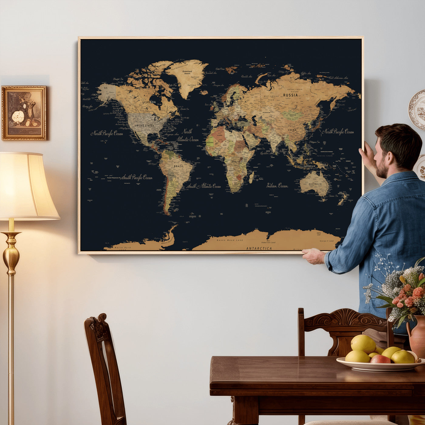 36916368-MGV-CV-36X24 - World Map Wall Art Canvas Print, Modern Decorative Framed Map Artwork Prints for Living Room, Office, Bedroom Wall Decor