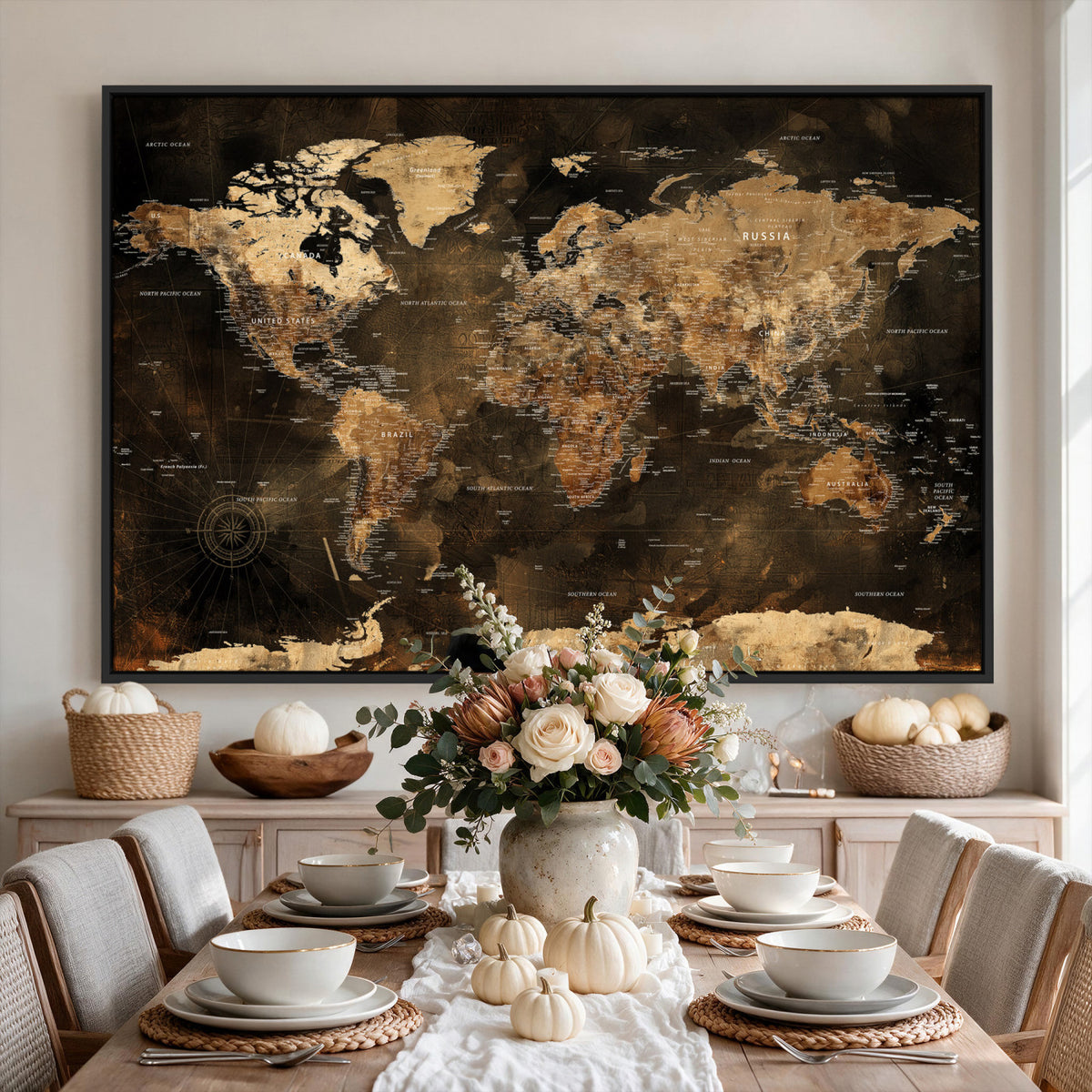 97742922-MGV-CV-36X24 - World Map Canvas Print, Modern Decorative Framed Map Artwork