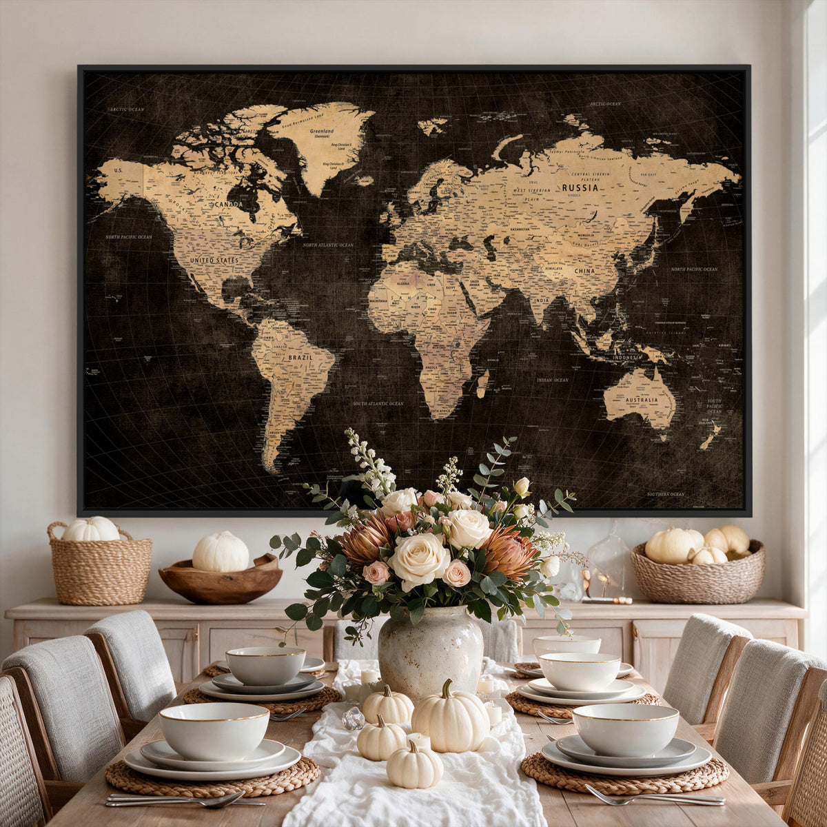 15118265-MGV-CV-36X24 - Brown World Map Canvas Print | Modern Travel Map Wall Art
