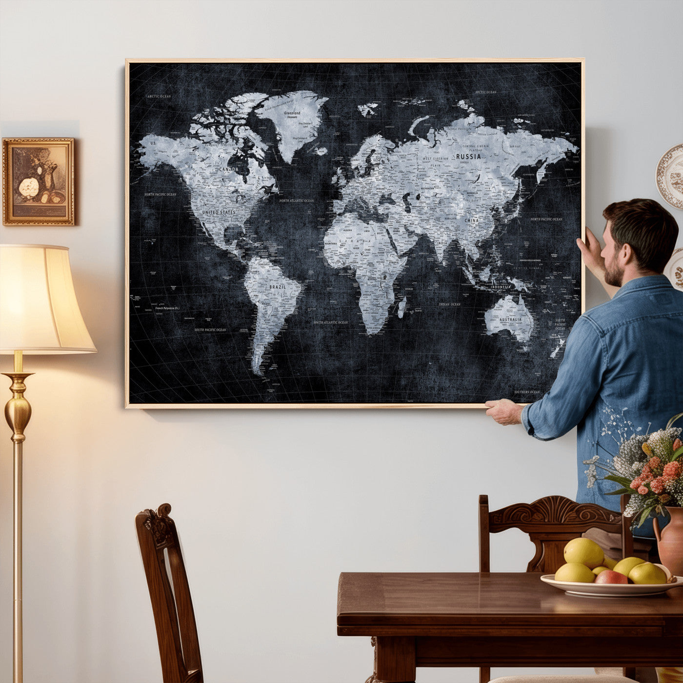 86893704-MGV-CV-36X24 - World Map Wall Art Canvas Print, Modern Decorative Framed Map Artwork Prints for Living Room, Office, Bedroom Wall Decor