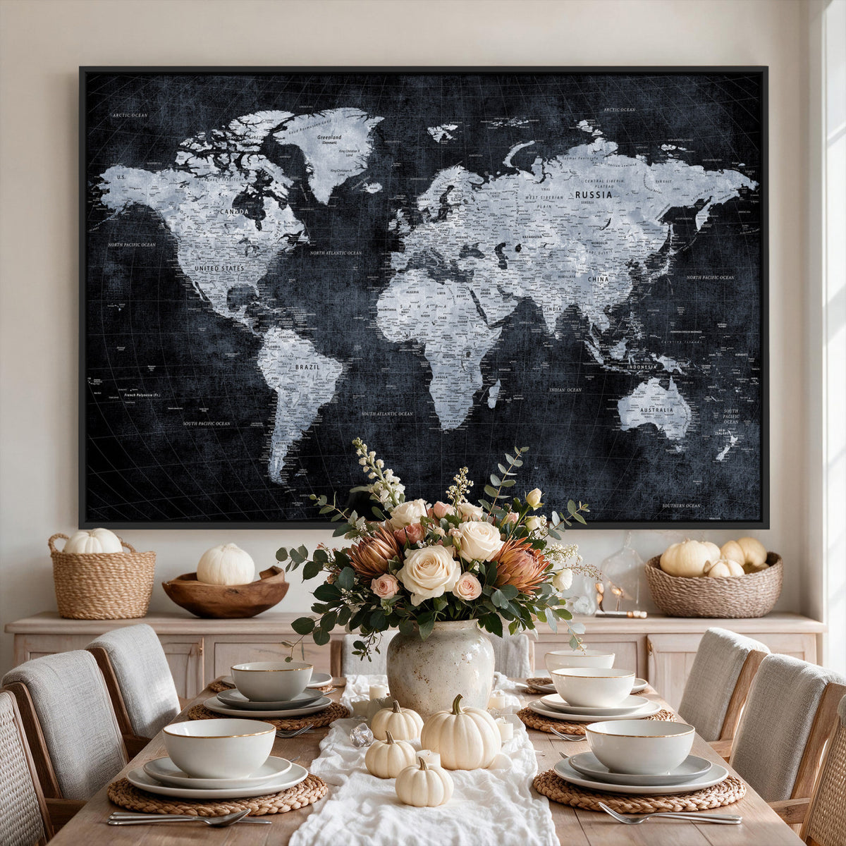 86893704-MGV-CV-36X24 - Black World Map Canvas Print | Detailed Map for Couples and Anniversary Gift