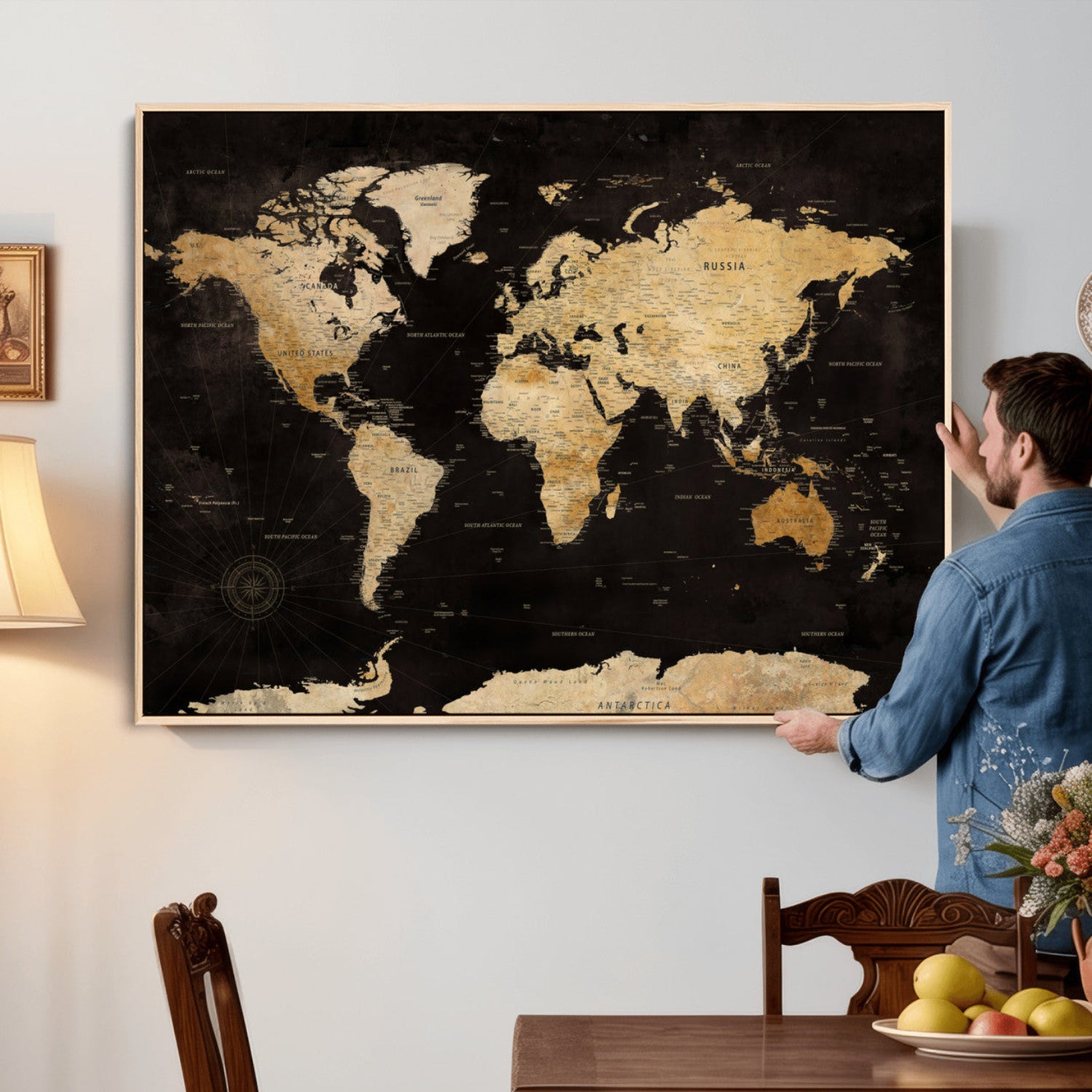 70468159-MGV-CV-36X24 - World Map Wall Art Canvas Print, Modern Decorative Framed Map Artwork Prints for Living Room, Office, Bedroom Wall Decor