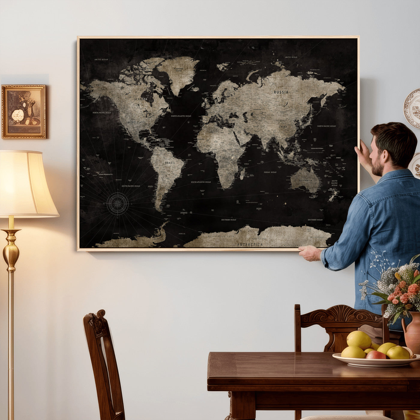 56225956-MGV-CV-36X24 - World Map Wall Art Canvas Print, Modern Decorative Framed Map Artwork Prints for Living Room, Office, Bedroom Wall Decor