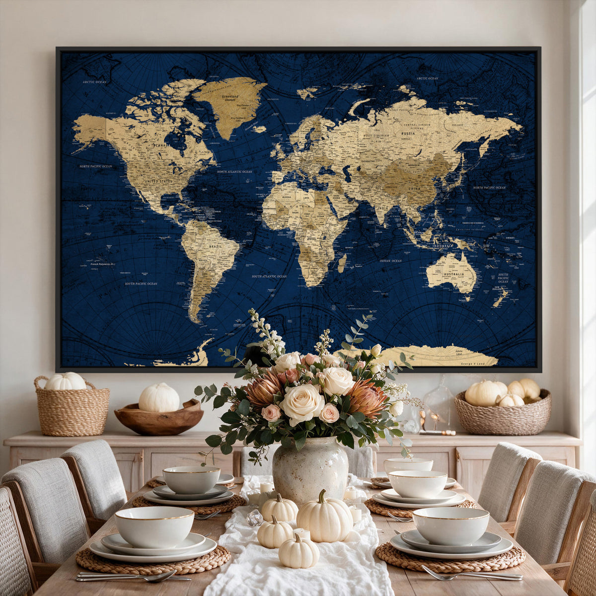 54770746-MGV-CV-36X24 - Navy Blue World Map Canvas Print – Detailed Map Minimal Navy