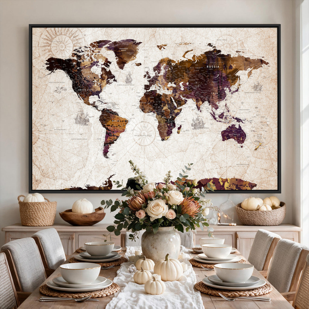 53400857-MGV-CV-36X24 - Blue Watercolor World Map Canvas Print – Framed Modern Wall