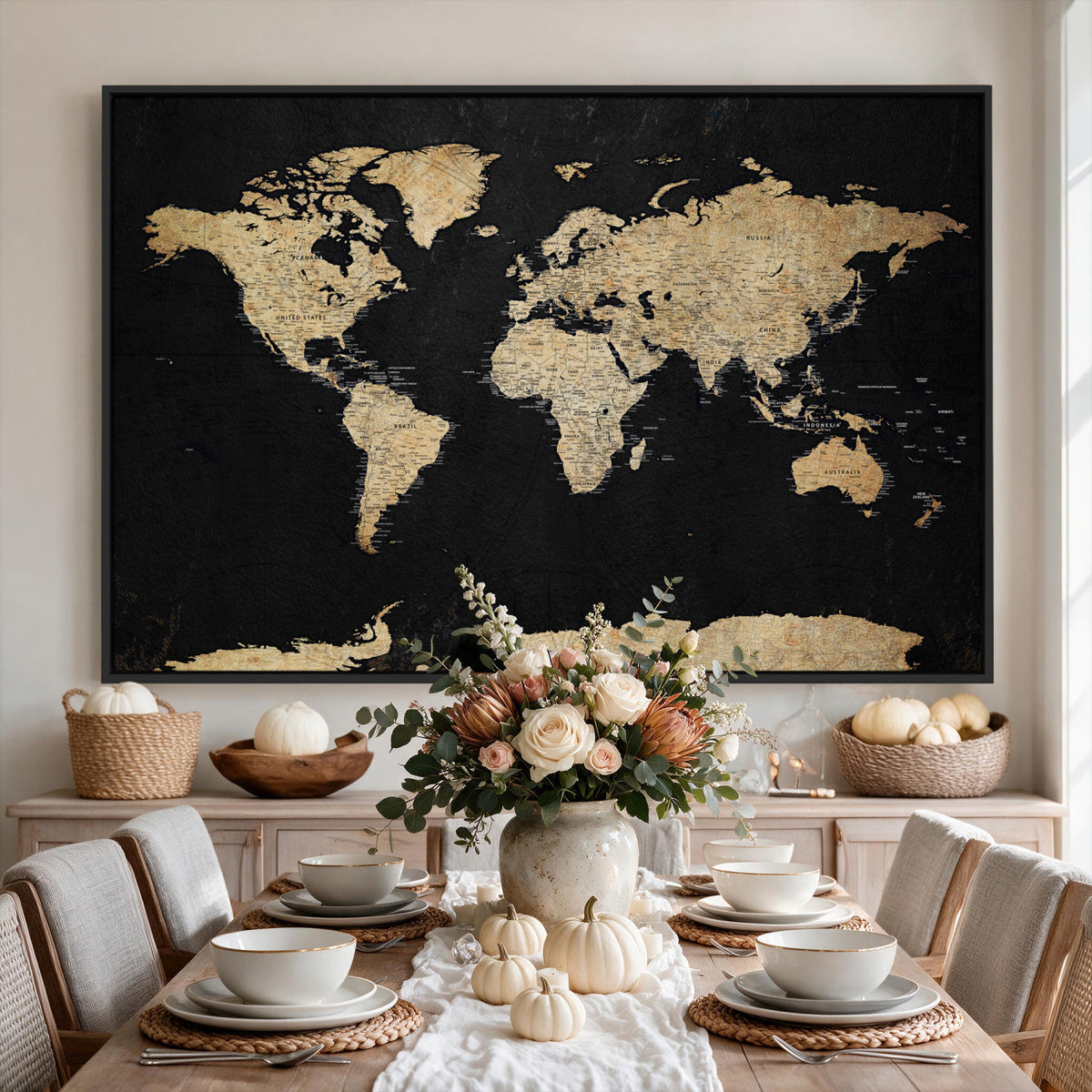 71518849-MGV-CV-36X24 - Beige World Map Canvas Wall Art Print, Minimal Black and