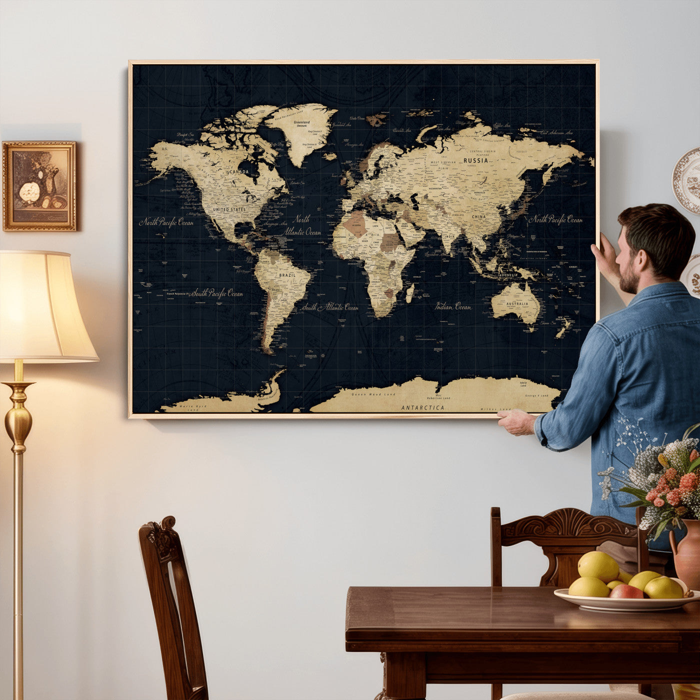 45063434-MGV-CV-36X24 - World Map Wall Art Canvas Print, Modern Decorative Framed Map Artwork Prints for Living Room, Office, Bedroom Wall Decor