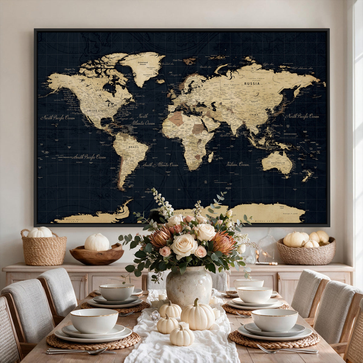45063434-MGV-CV-36X24 - Dark World Map Canvas Wall Art Print, Minimal Black and Gold Map