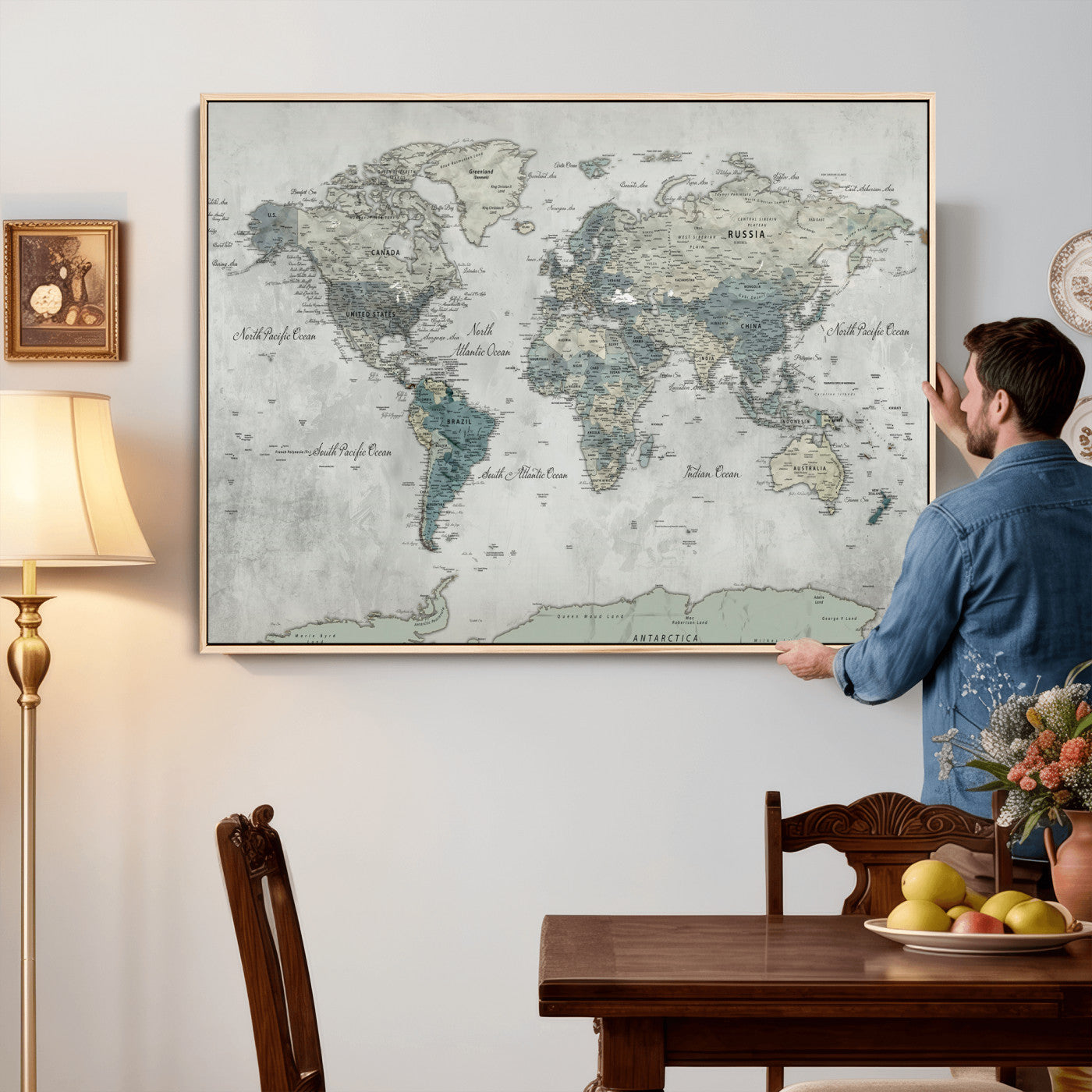 91132939-MGV-CV-36X24 - World Map Wall Art Canvas Print, Modern Decorative Framed Map Artwork Prints for Living Room, Office, Bedroom Wall Decor