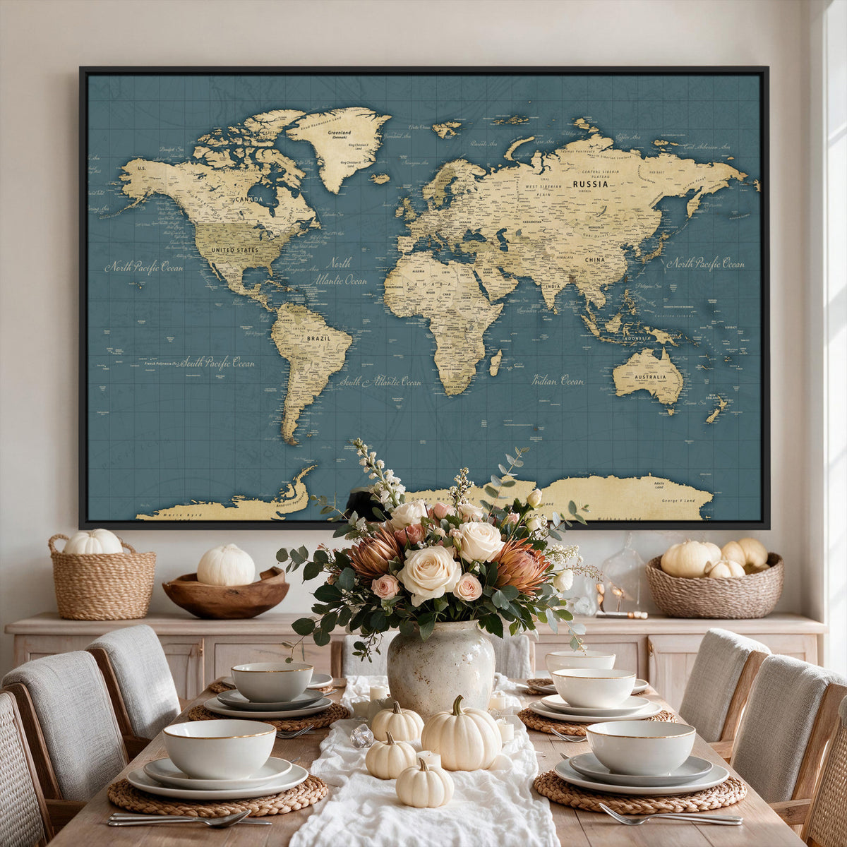 99599383-MGV-CV-36X24 - Minimal Vintage World Map Canvas Wall Art Print, Neutral