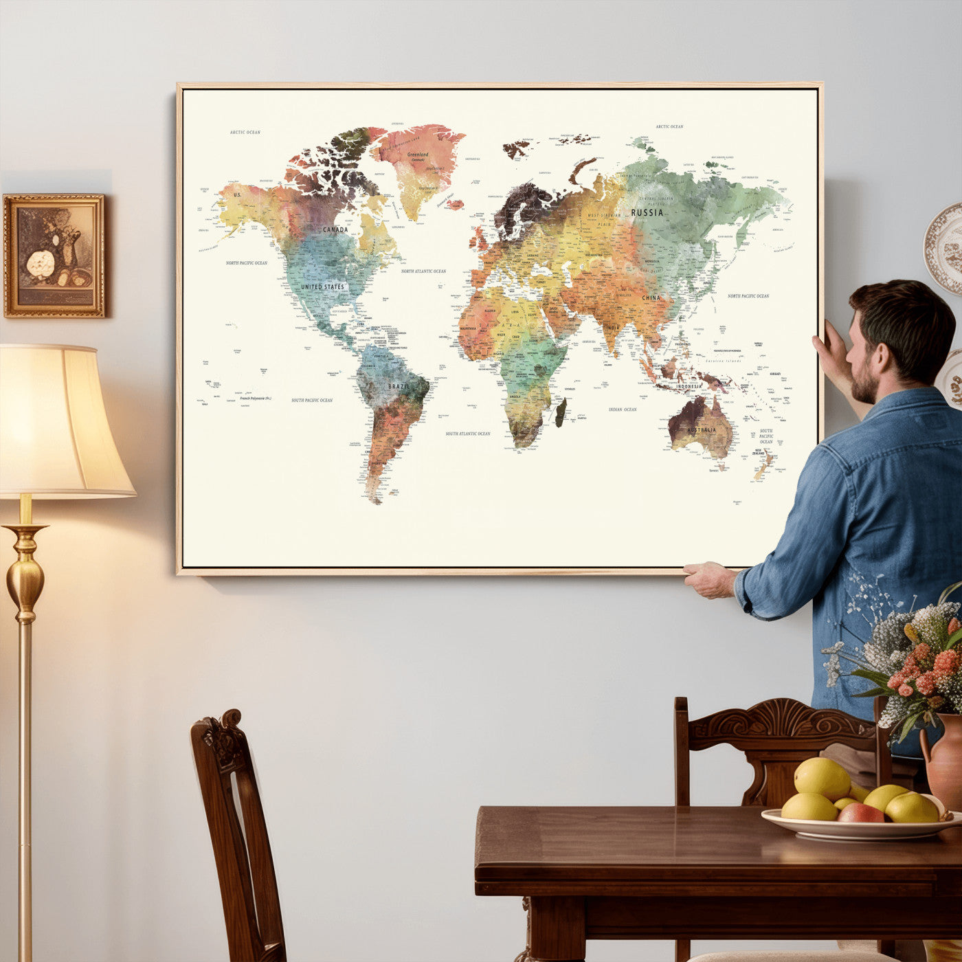 64206059-MGV-CV-36X24 - World Map Wall Art Canvas Print, Modern Decorative Framed Map Artwork Prints for Living Room, Office, Bedroom Wall Decor