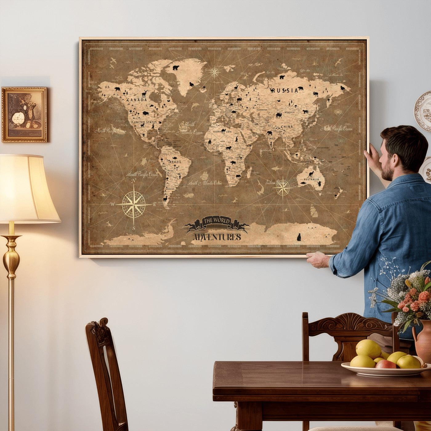 20759686-MGV-CV-36X24 - World Map Wall Art Canvas Print, Modern Decorative Framed Map Artwork Prints for Living Room, Office, Bedroom Wall Decor