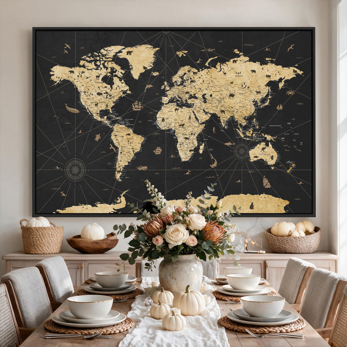 80270976-MGV-CV-36X24 - World Map Wall Art Canvas Print, Modern Decorative Framed Map Artwork Prints for Living Room, Office, Bedroom Wall Decor