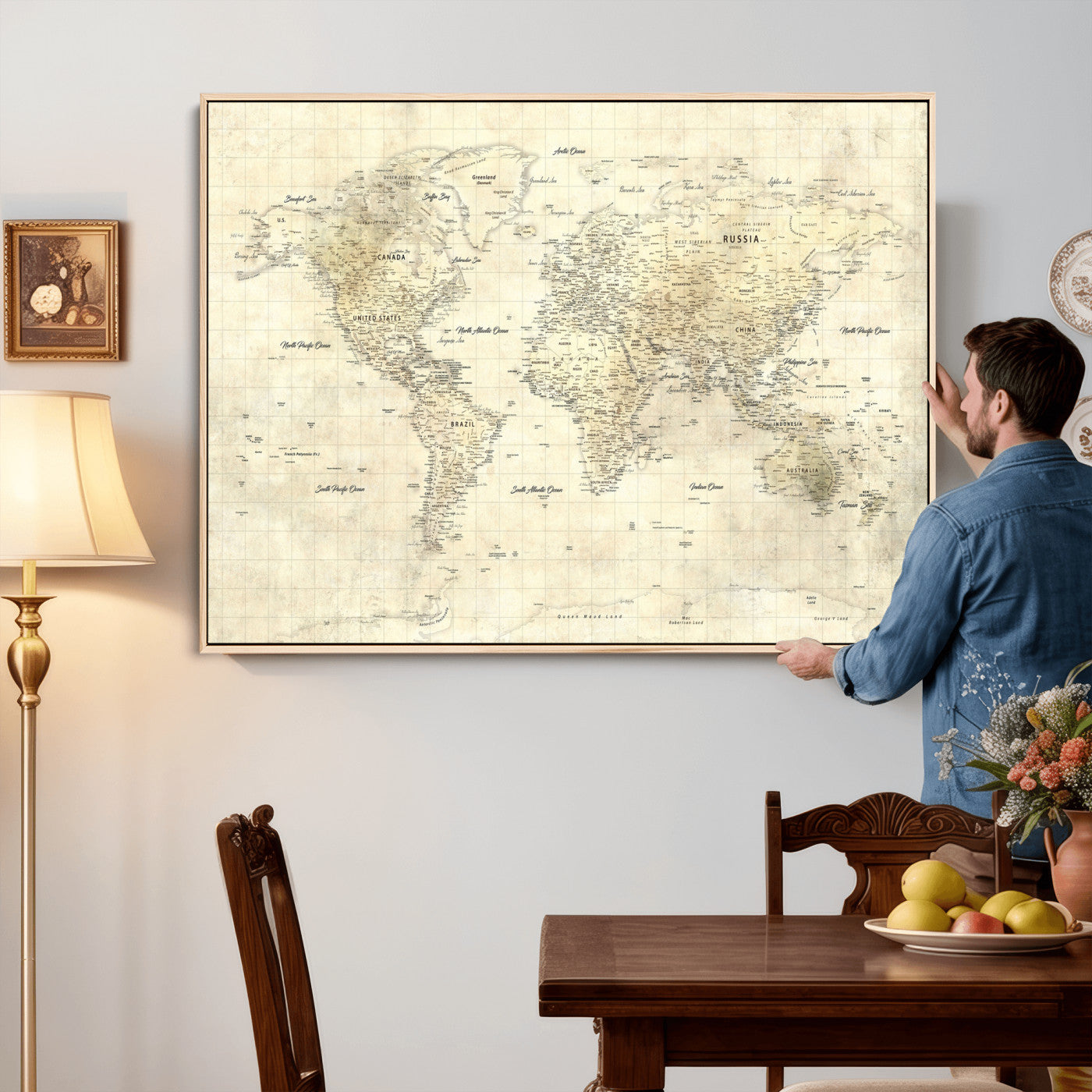 17101439-MGV-CV-36X24 - World Map Wall Art Canvas Print, Modern Decorative Framed Map Artwork Prints for Living Room, Office, Bedroom Wall Decor