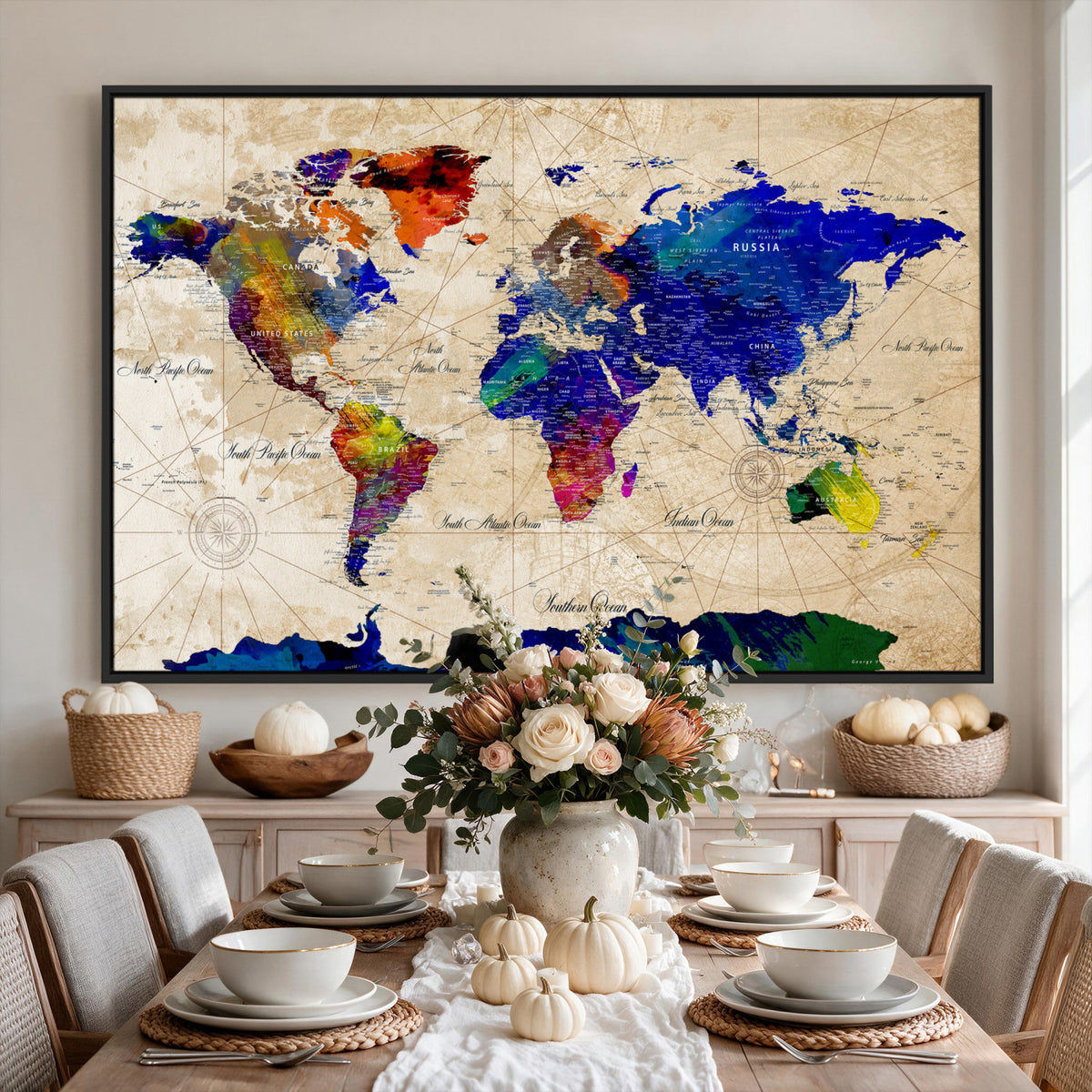 26284075-MGV-CV-36X24 - World Map Wall Art Canvas Print, Modern Decorative Framed Map Artwork Prints for Living Room, Office, Bedroom Wall Decor
