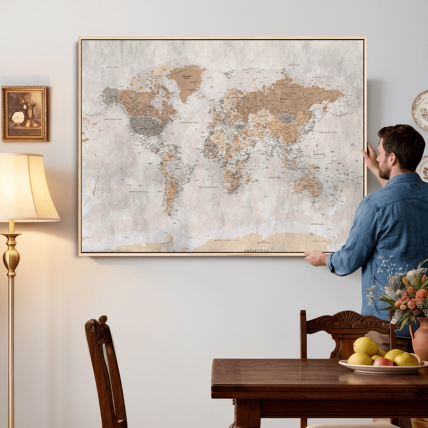 34051638-MGV-CV-36X24 - World Map Wall Art Canvas Print, Modern Decorative Framed Map Artwork Prints for Living Room, Office, Bedroom Wall Decor