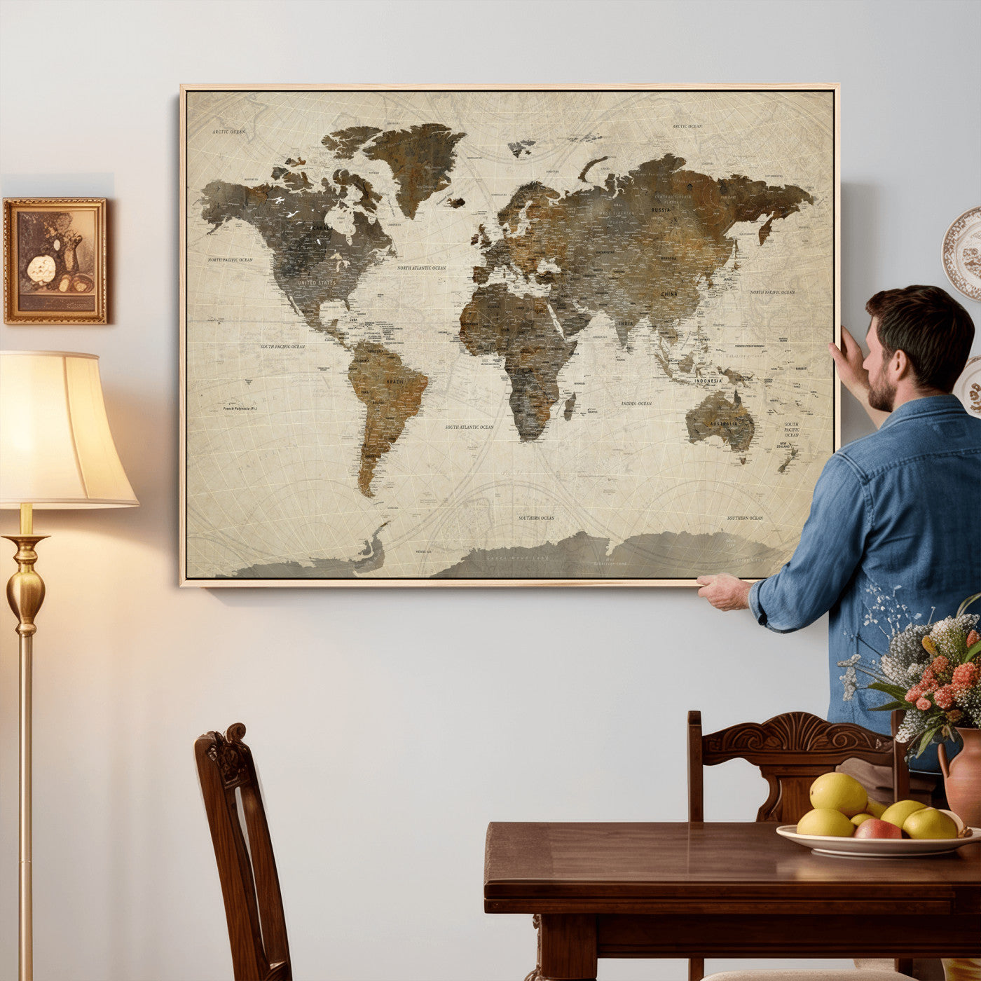 49623468-MGV-CV-36X24 - World Map Wall Art Canvas Print, Modern Decorative Framed Map Artwork Prints for Living Room, Office, Bedroom Wall Decor