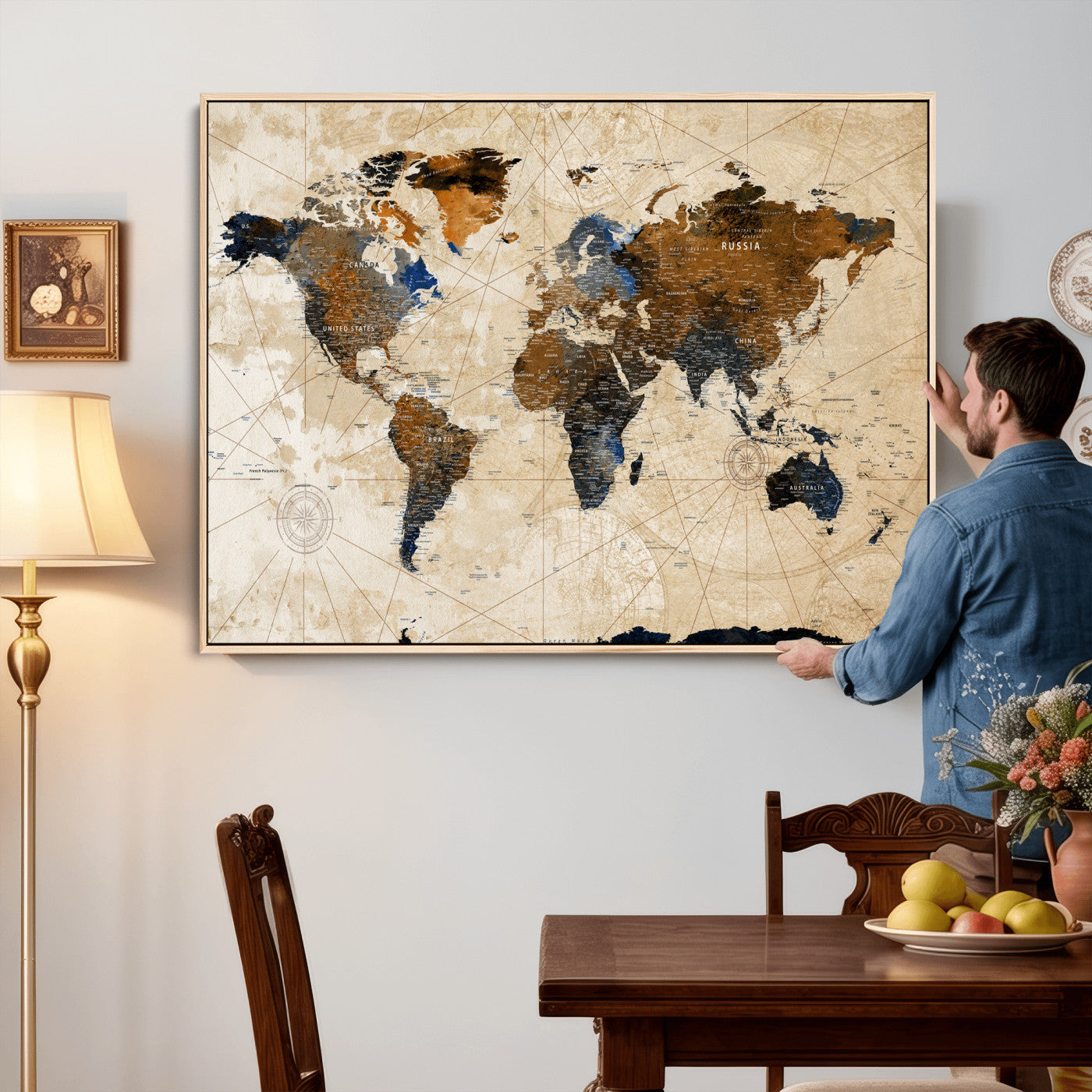 15727090-MGV-CV-36X24 - World Map Wall Art Canvas Print, Modern Decorative Framed Map Artwork Prints for Living Room, Office, Bedroom Wall Decor