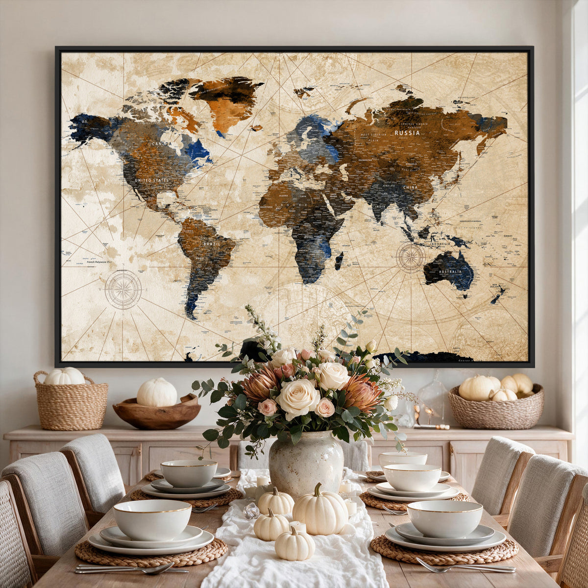15727090-MGV-CV-36X24 - World Map Wall Art Canvas Print, Modern Decorative Framed Map Artwork Prints for Living Room, Office, Bedroom Wall Decor