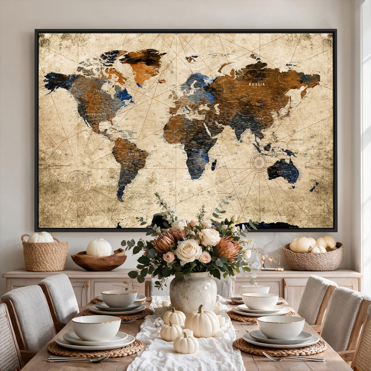 27163414-MGV-CV-36X24 - World Map Wall Art – Rustic Earth Tone Canvas Print, Antique