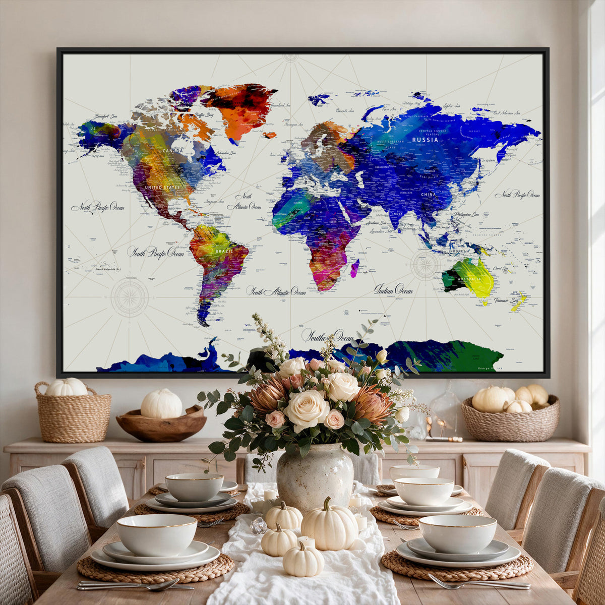 49670038-MGV-CV-36X24 - World Map Wall Art Canvas Print, Modern Decorative Framed Map Artwork Prints for Living Room, Office, Bedroom Wall Decor