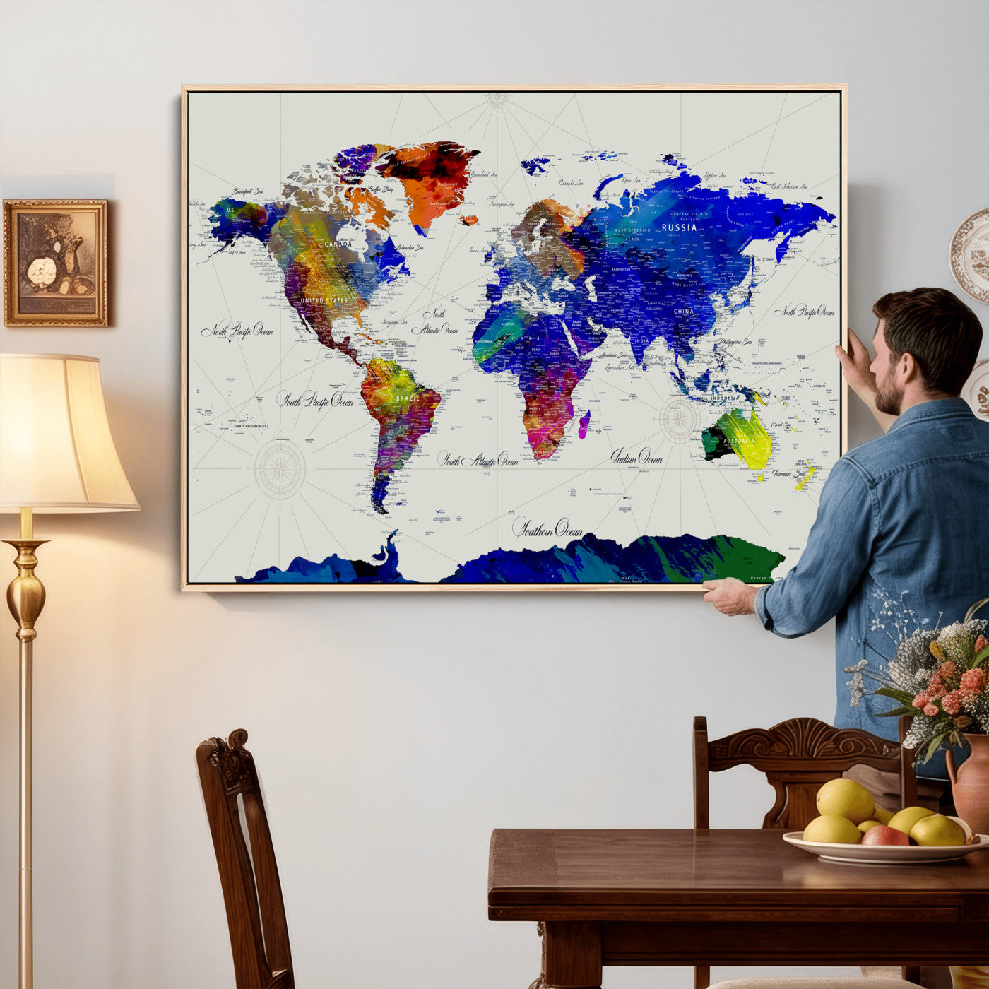49670038-MGV-CV-36X24 - World Map Wall Art Canvas Print, Modern Decorative Framed Map Artwork Prints for Living Room, Office, Bedroom Wall Decor