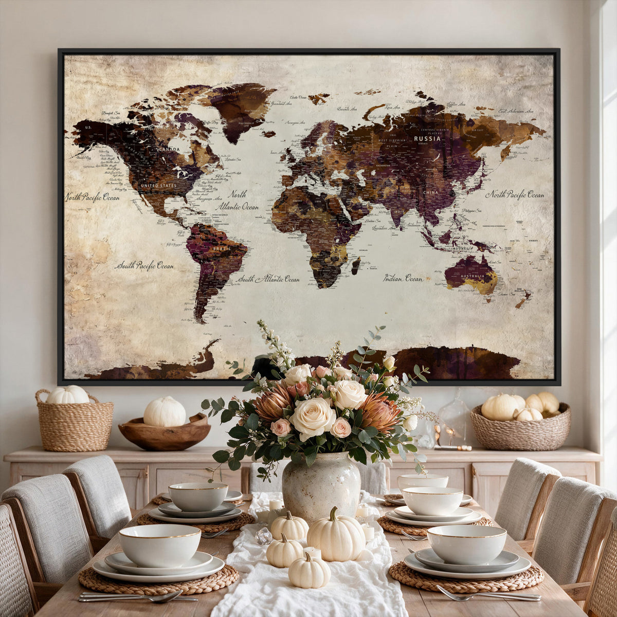 50611123-MGV-CV-36X24 - World Map Canvas Triptych | Colorful Global Wall Art for Living Rooms