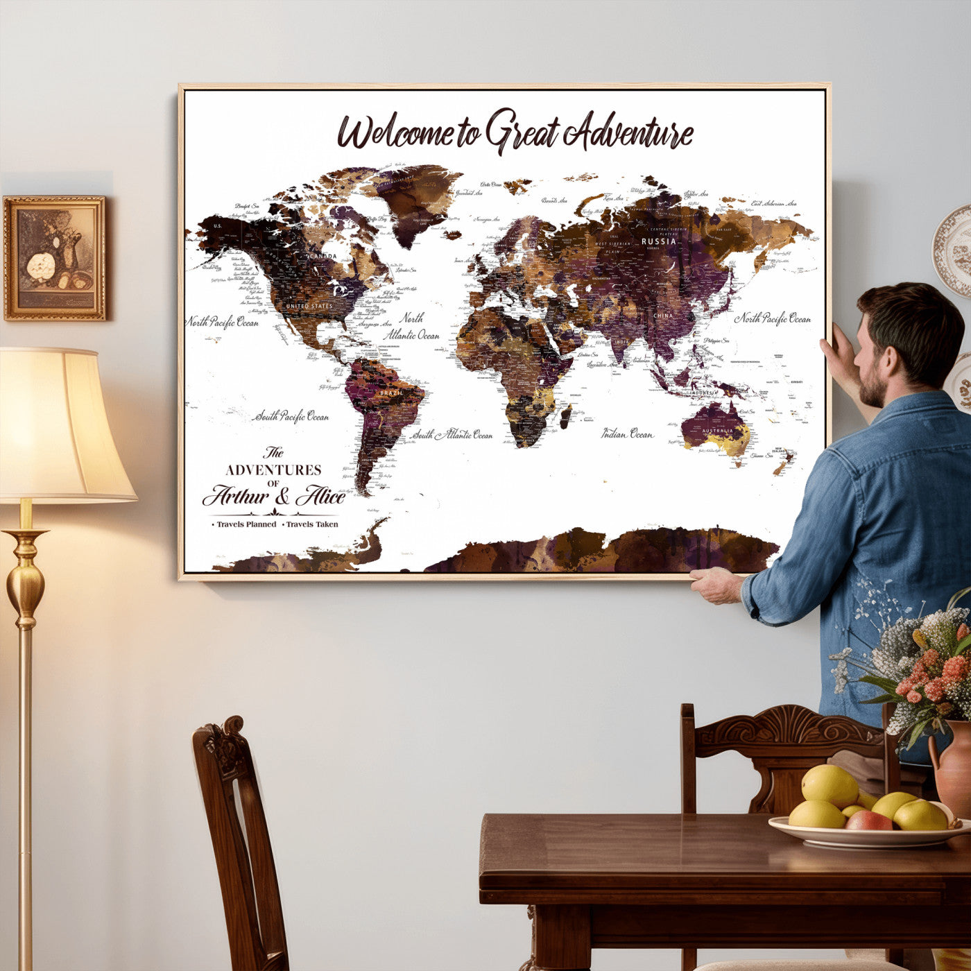 64110391125-MGV-CV-36X24 - Custom Push Pin World Map Wall Art Canvas Print – Personalized Travel Tracker with Pins Framed Large for Home and Office Decor