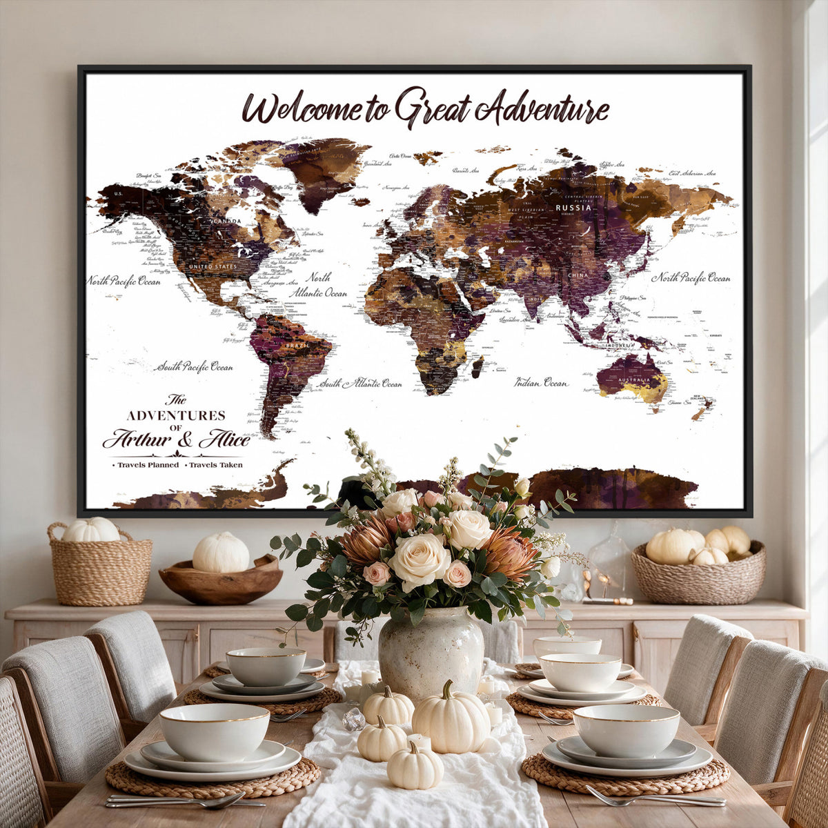64110391125-MGV-CV-36X24 - Custom Push Pin World Map Wall Art Canvas Print | Personalized Travel Map