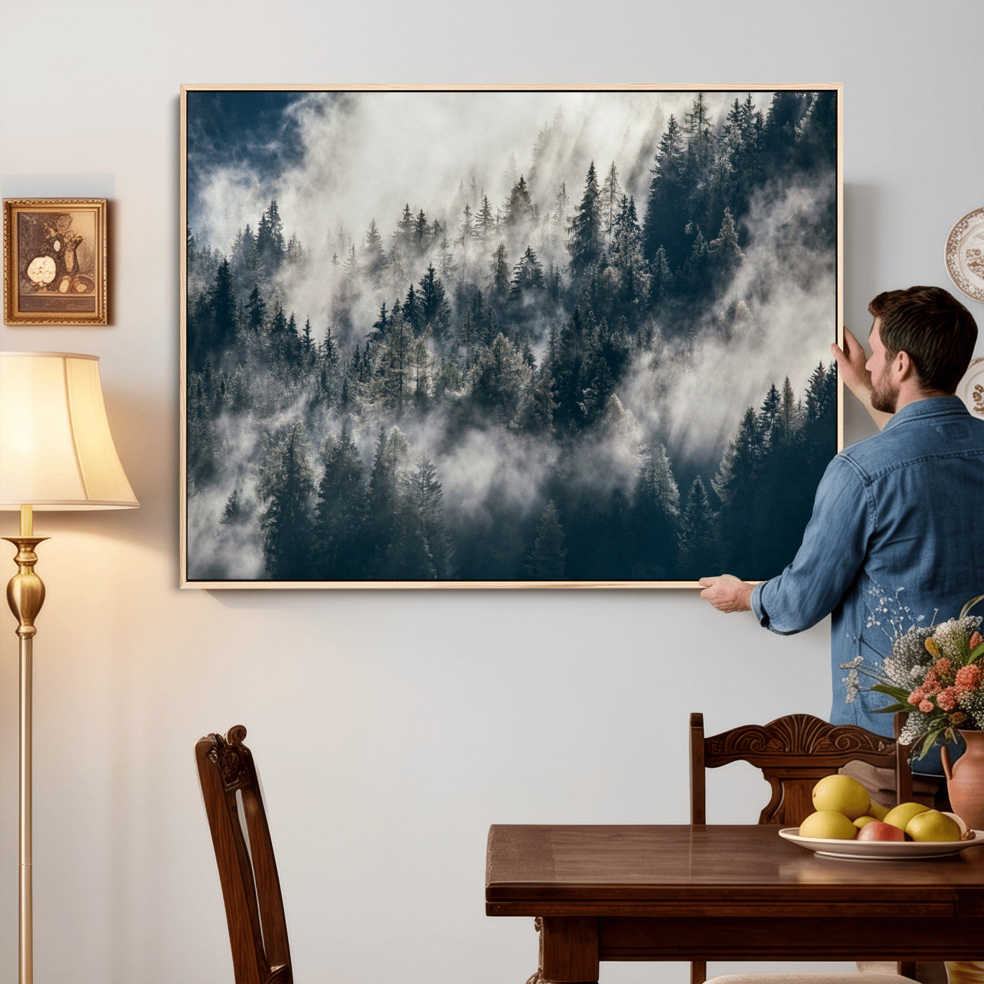 63405824-MGV-CV-36X24 - Foggy Mountain Forest Canvas Print, Misty Pine Trees Nature Wall Art, Framed Canvas Ready to Hang