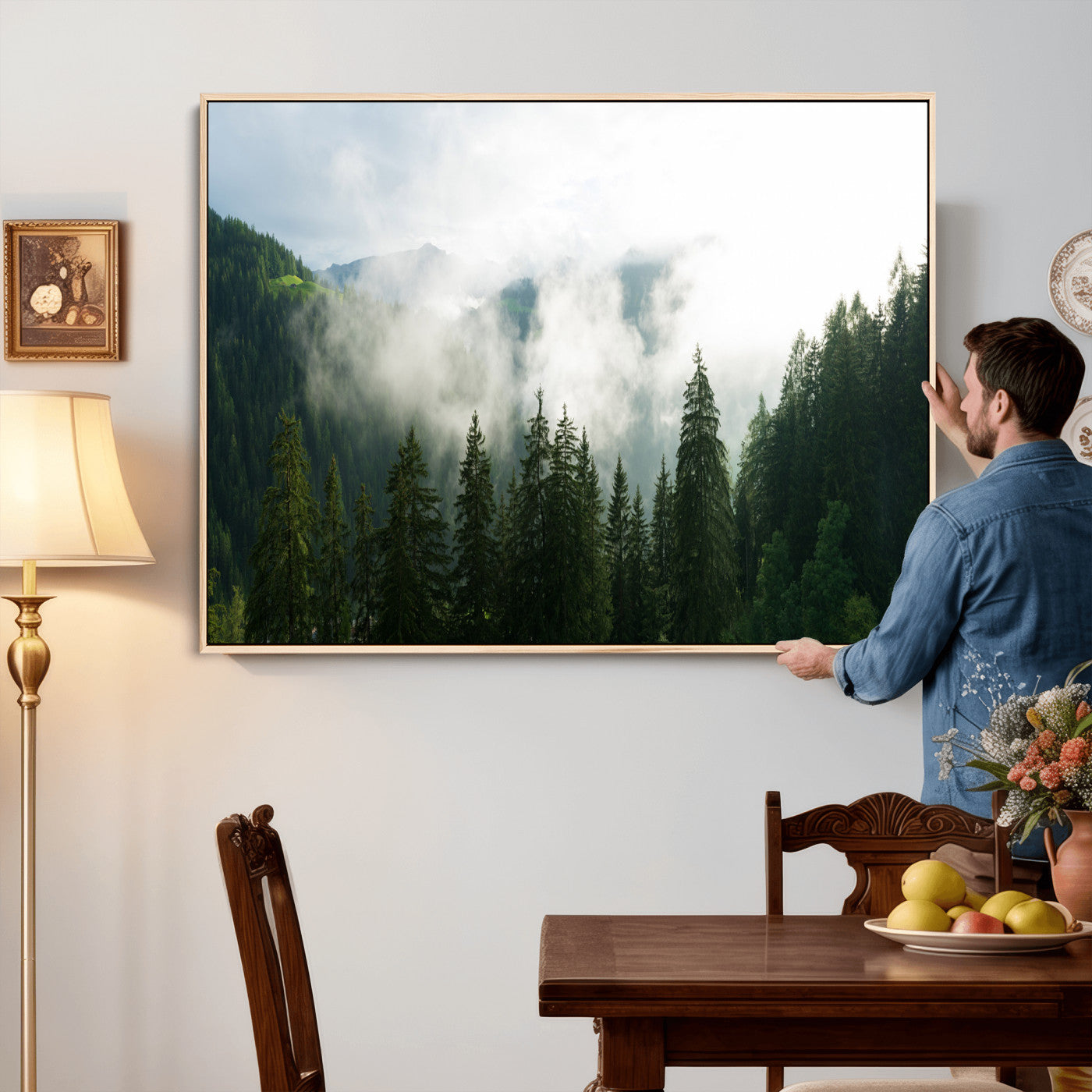 67174129-MGV-CV-36X24 - Misty Mountain Forest Canvas Print, Foggy Pine Trees Nature Wall Art, Framed Canvas Ready to Hang