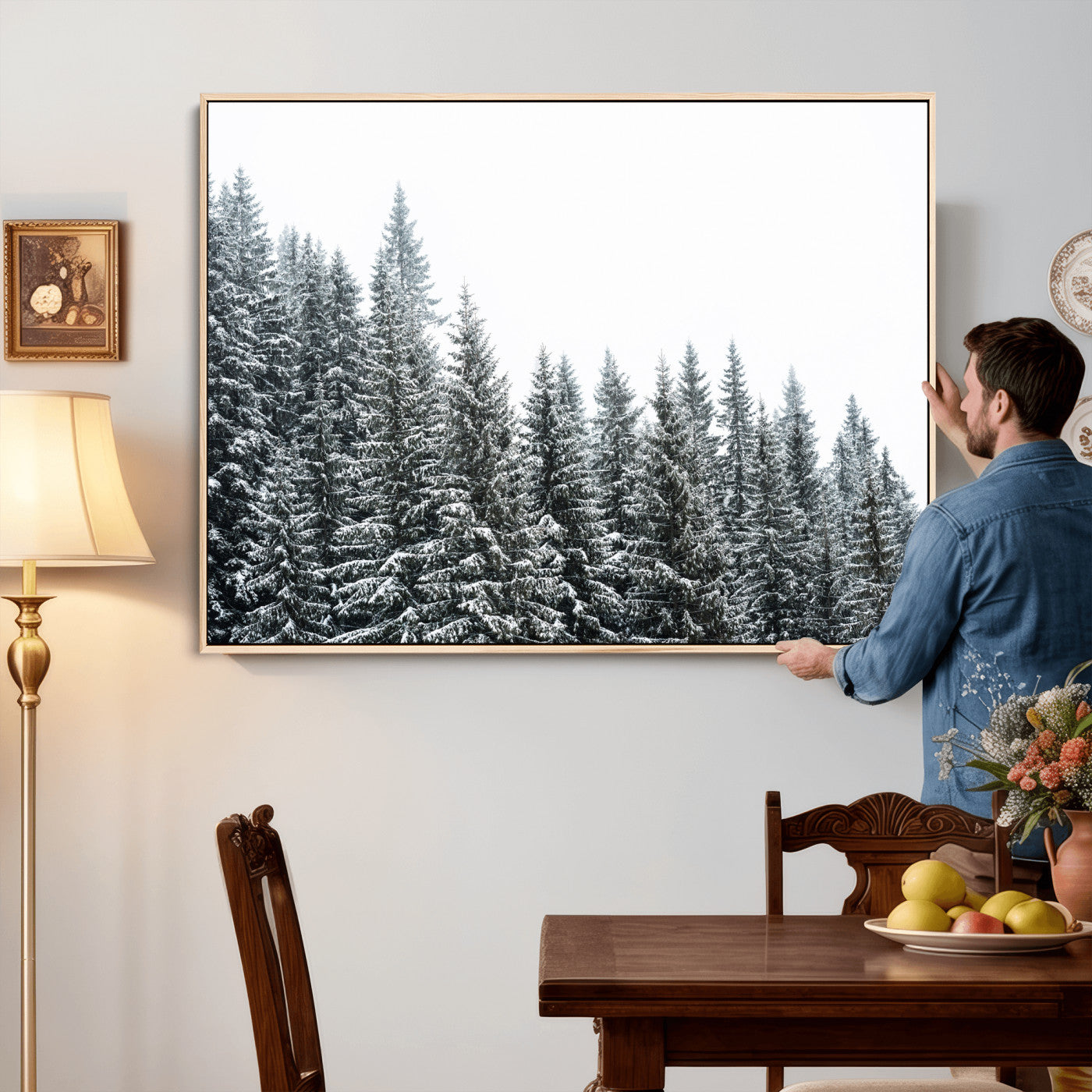 69566941-MGV-CV-36X24 - Misty Mountain Forest Canvas Print, Foggy Pine Trees Nature Wall Art, Framed Canvas Ready to Hang