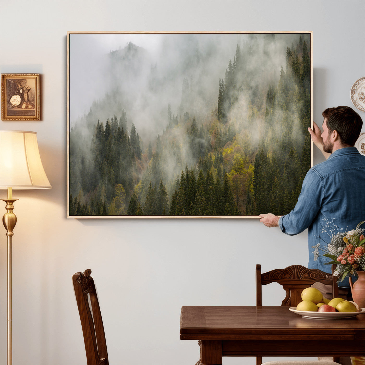 31152954-MGV-CV-36X24 - Misty Mountain Forest Canvas Print, Foggy Pine Trees Nature Wall Art, Framed Canvas Ready to Hang