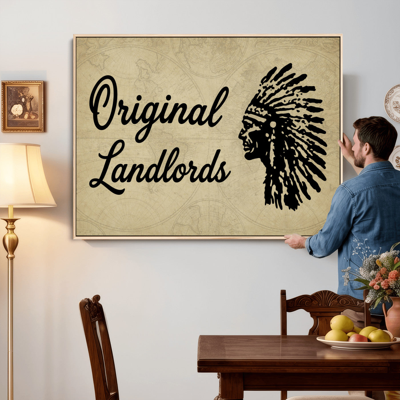 56844712-MGV-CV-36X24 - Original Landlords Wall Art Canvas Print, Native American Silhouette Artwork, Framed Wall Art Ready to Hang