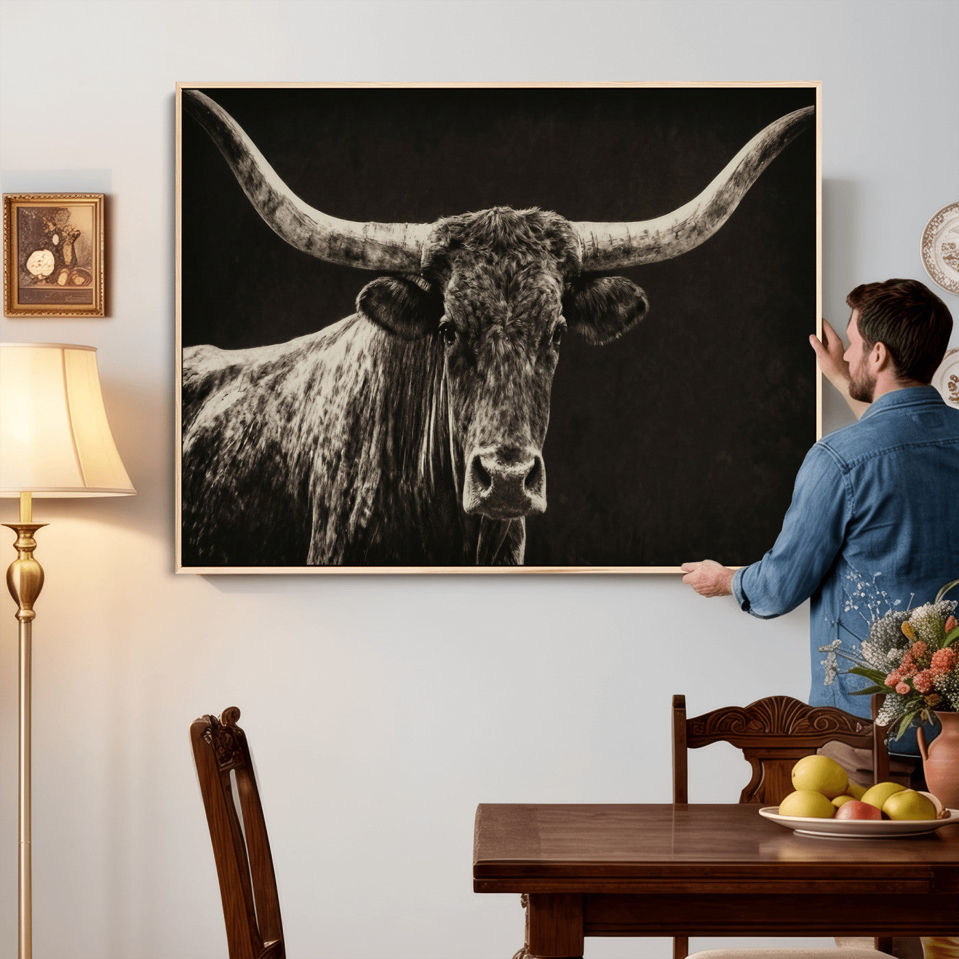 74513721-MGV-CV-36X24 - Vintage Texas Longhorn Bull Wall Art Canvas Print, Cow Portrait Photography Print, Framed Wall Art Ready to Hang