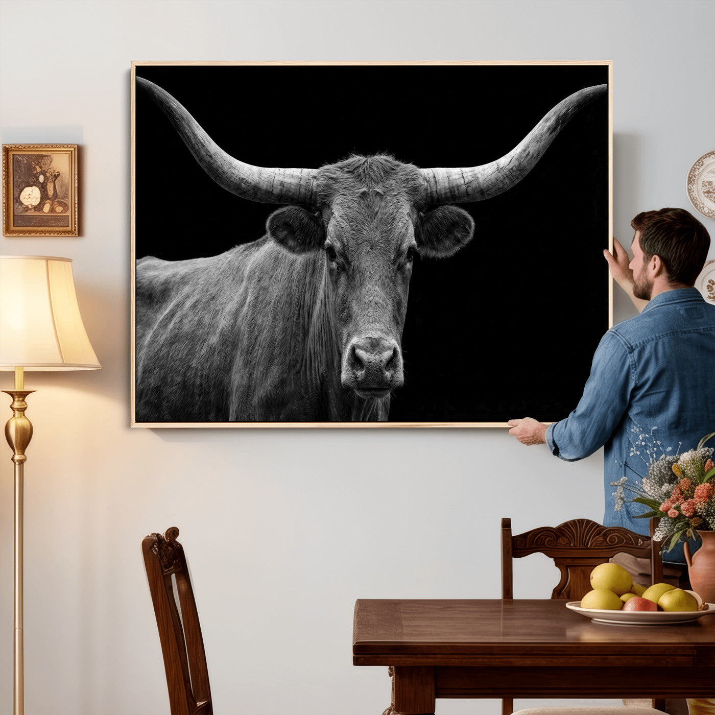 32601430-MGV-CV-36X24 - Texas Longhorn Bull Wall Art Canvas Print, Cow Portrait Photography, Framed Wall Art Ready to Hang
